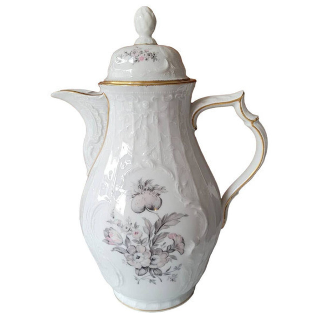 Vintage Rosenthal Germany Pink Gray Rose Gold Rim Embossed Teapot Coffee Pot